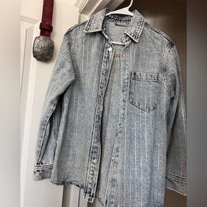 Blue B Women's Grey Acid-Wash Denim Shacket with bling stripes